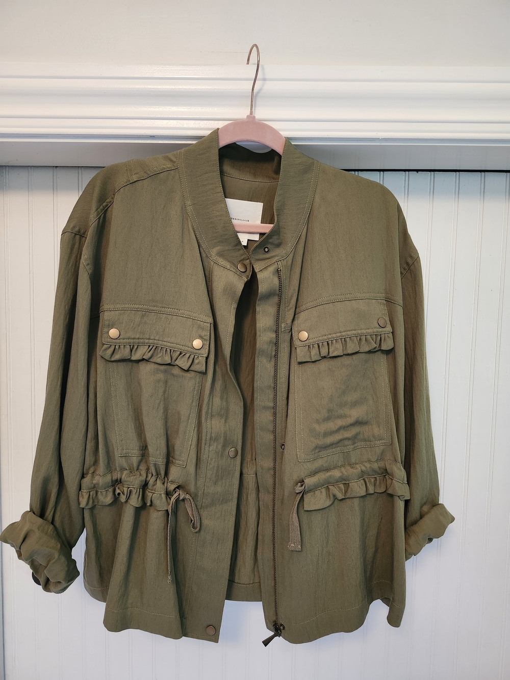 Anthropologie Olive Green Ruffle-Trim Utility Jacket